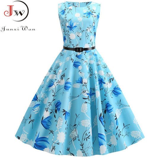 Summer Dress Women Sleeveless Floral Print Vintage Dress Casual Tank Retro 50s 60s Robe Rockabilly Chic Party Dresses Vestidos