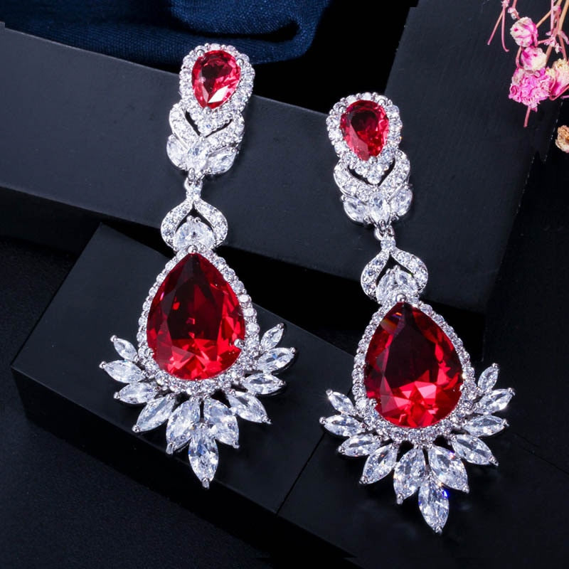 CWWZircons Beautiful Queen Fancy Red Cubic Zirconia Long Bridal Wedding Big Drop Marquise Earrings Brides Jewelry