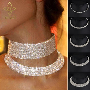 TREAZY Women Diamante Rhinestone Choker Necklace Silver Color Wedding Bridal Party Crystal Collar Choker Chain Necklace Jewelry