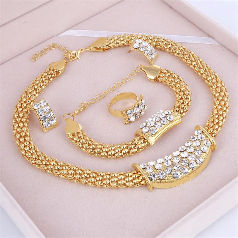 MINHIN Women Delicate Gold Bridal Jewelry Sets Rhinestone Pendant Collar Bracelet Crystal Earrings Rings Wedding Accessories