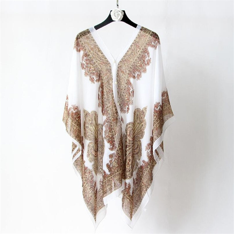 Boho Batwing Sleeve Chiffon Blouse Women Casual Floral Print Loose Kimono Shirts Big Size Beach Tunic Tops Peplum Blusa Robe