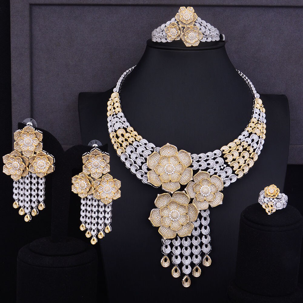 Tassel Drop Rose Flower Boom Full Micro Cubic Zirconia Women Wedding Dress Necklace Earring Jewelry Set