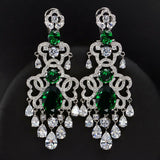 BeaQueen Royal European Design Blue Cubic Zirconia and White Crystal Tassel Drop Super Big Dangling Earrings for Women