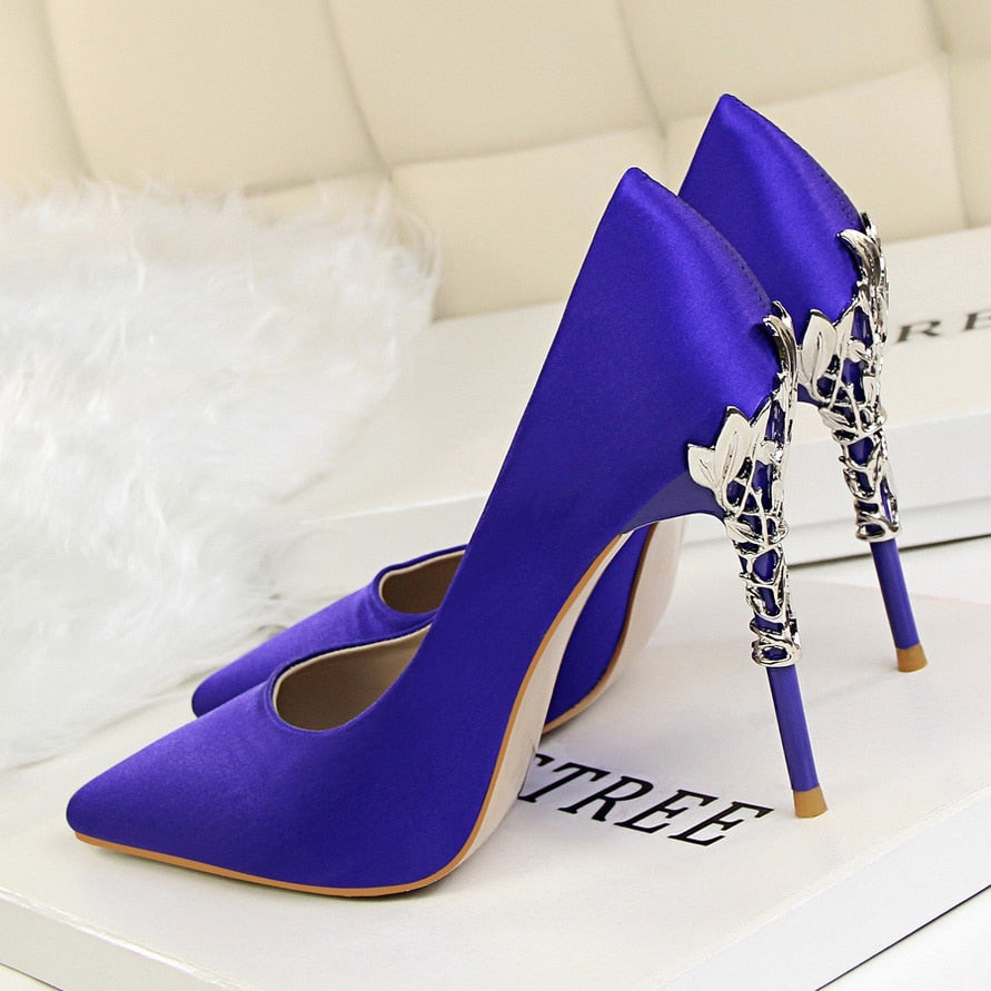 Elegant Metal Carved Heels Women Pumps 2019 High Quality Fashion Sexy Silk High Heels 13 Color /10cm Shoes Woman Wedding Shoes