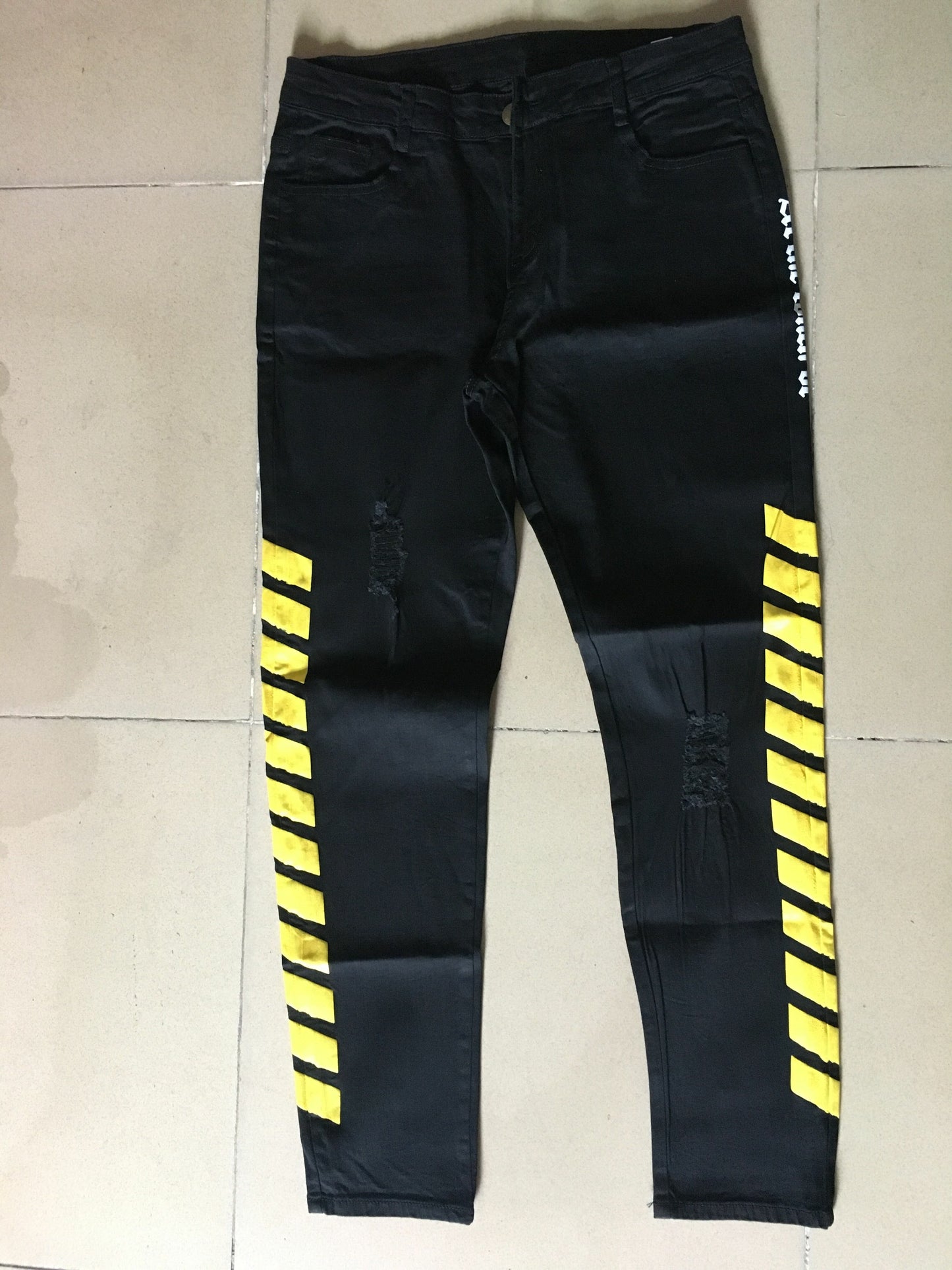 Men's Skinny Black Jeans Yellow Side Stripes Hip Hop Streetwear Raw Edge Ripped Skinny Printed Street Lightweight Cotton Jeans