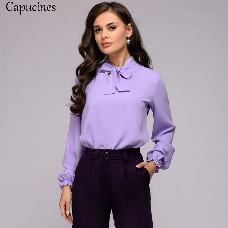 Women Fashion Bow Tie Chiffon Blouse Shirt 2020 Spring Autumn Elegant Office lady Blouses Long Sleeve Casual Shirts Solid Tops