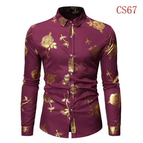 Mens Gold Rose Floral Print Shirts 2019 Brand Floral Steampunk Chemise White Long Sleeve Wedding Party Bronzing Camisa Masculina