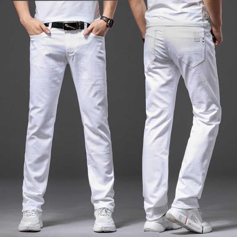 Brother Wang Men White Jeans Fashion Casual Classic Style Slim Fit Soft Trousers Male Brand Advanced Stretch Pants