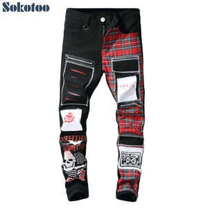 Sokotoo Men's skull printed Scottish plaid patchwork jeans Trendy patches design black ripped distressed denim long pants
