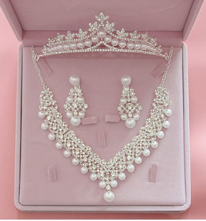 Magnificent Pearl Wedding Bridal Jewelry Sets Women Bride Wedding Party Jewelry Accessories Crystal Tiara Crown Earring Necklace