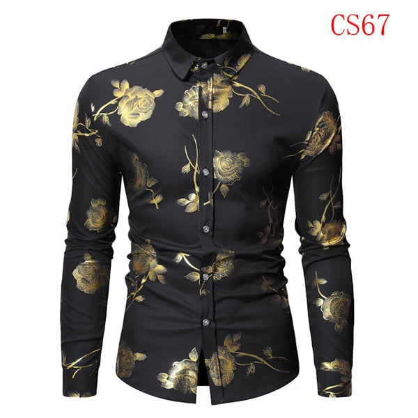 Mens Gold Rose Floral Print Shirts 2019 Brand Floral Steampunk Chemise White Long Sleeve Wedding Party Bronzing Camisa Masculina