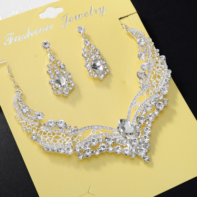 Gorgeous Fashion Choker Necklace for Women Earrings White Crystal Wedding Jewelery Nigerian Bridal Jewelry Sets Collar