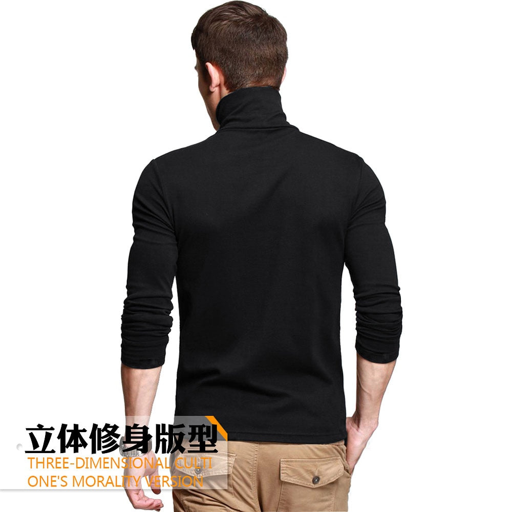 2021 New Men Fashion T Shirt Tees Slim Tops Male Stretch T-shirt Turtleneck Long Sleeve Tee Shirts High Collar Men's Cotton Tees