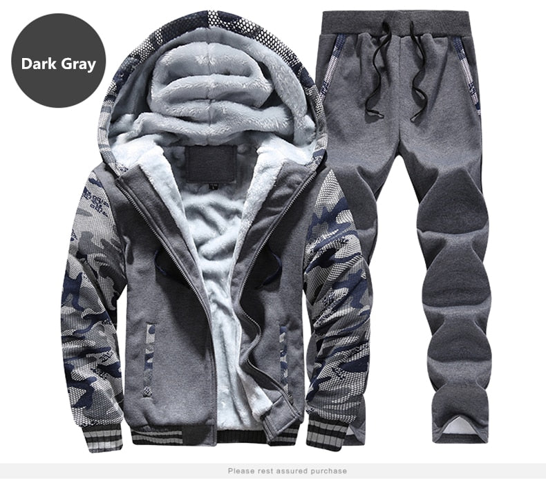 Winter Inner Fleece Hoodies Men 2020 Casual Hooded Warm Sweatshirts Male Thicken Tracksuit 2PC Jacket+Pant Men Moleton Masculino