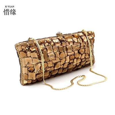 XIYUAN BRAND Gold Crystal glass diamond Shoulder Bag Evening Box Clutch Handbag Purses Women Party Bridal Wedding Metal Clutches