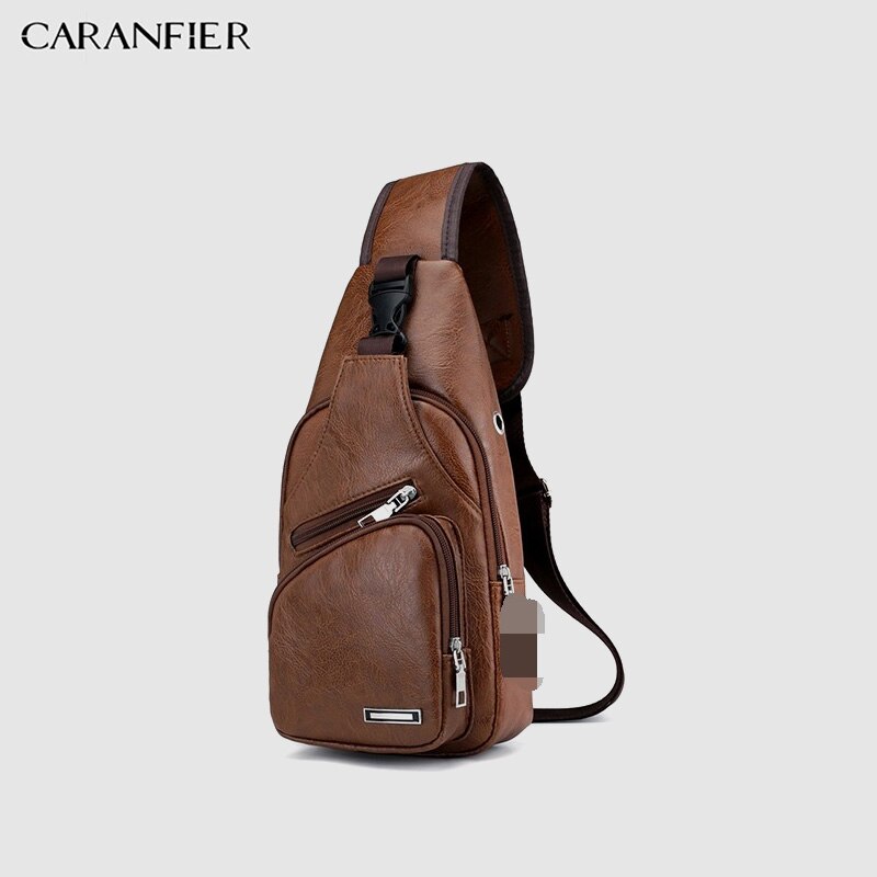 CARANFIER Mens Chest Bags Shoulder Messenger Bags PU Leather Casual Zipper Soft Male Classic Solid Color Travel Crossbody Bag