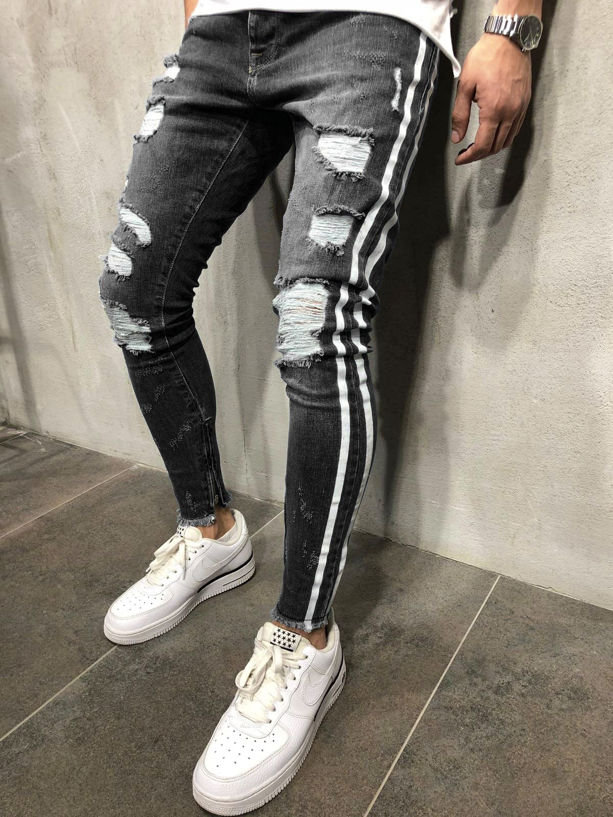 2019 New Brand Fashion Fashion Men's Ripped Skinny Jeans Destroyed Frayed Slim Fit Denim Pant Zipper US