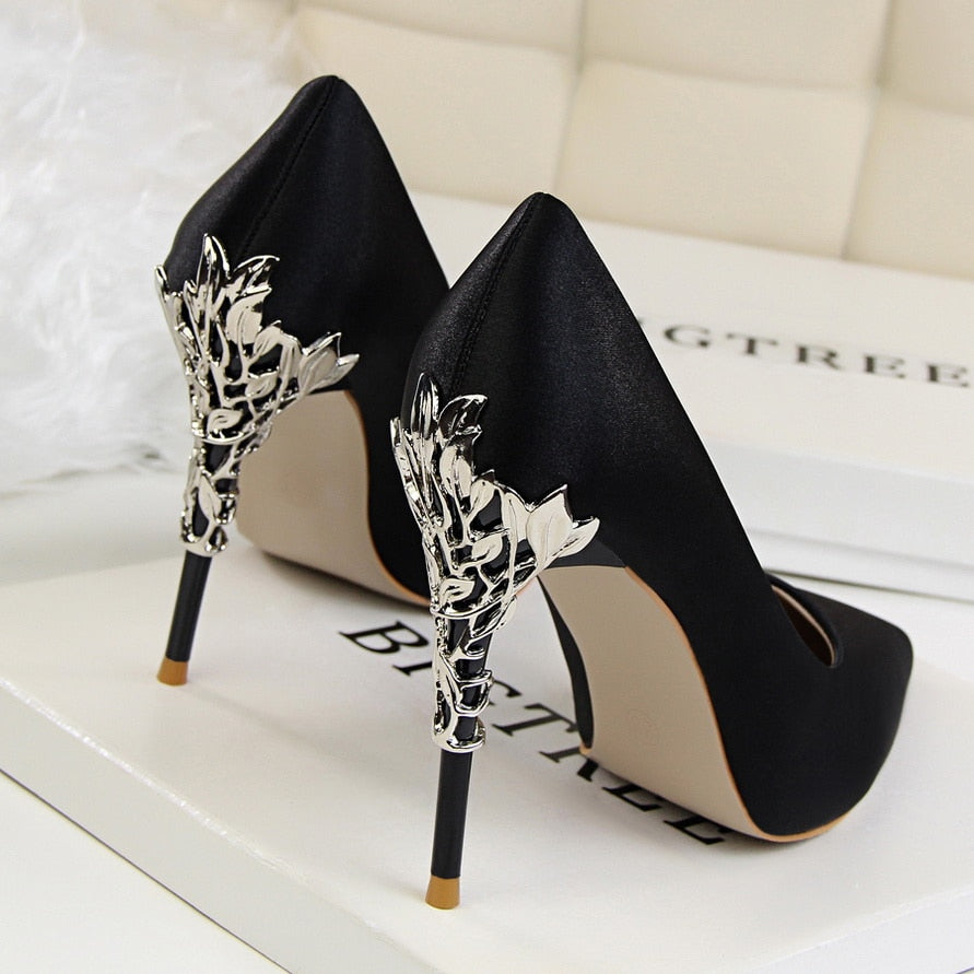 Elegant Metal Carved Heels Women Pumps 2019 High Quality Fashion Sexy Silk High Heels 13 Color 10cm Shoes Woman Wedding Shoes