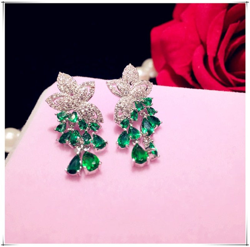 925 Sterling Drop Earrings For Women Artificial Emerald Vintage Fine Jewelry Cubic Zirconia Green Stone Luxury Eardrop Brincos