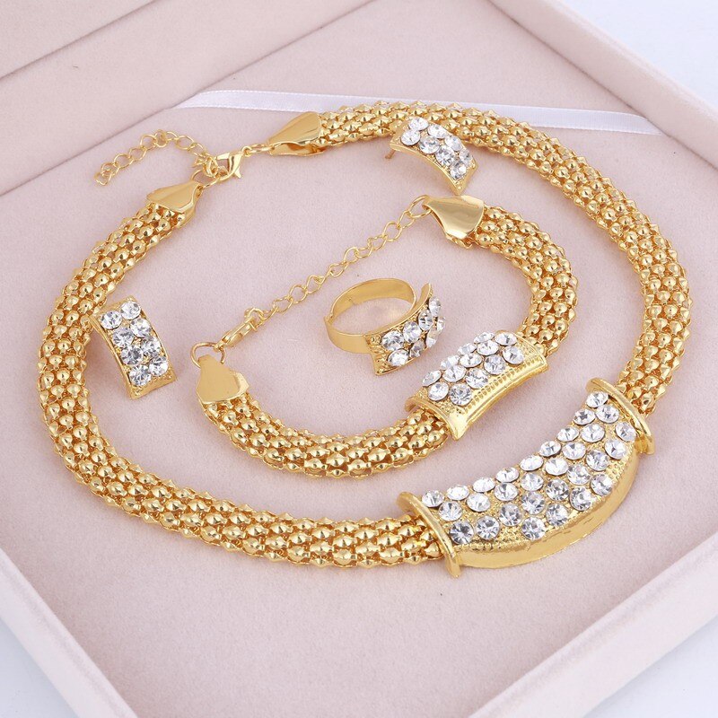 Amazing Price Wedding Gold Plate Jewelry Sets For Women Pendant Statement African Beads Crystal Necklace Earrings Bracelet Rings