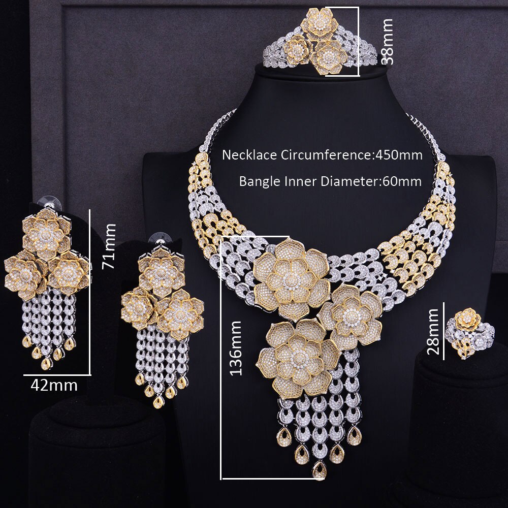 Tassel Drop Rose Flower Boom Full Micro Cubic Zirconia Women Wedding Dress Necklace Earring Jewelry Set