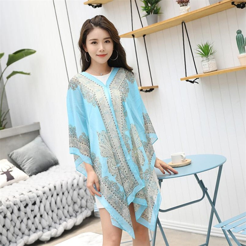 Boho Batwing Sleeve Chiffon Blouse Women Casual Floral Print Loose Kimono Shirts Big Size Beach Tunic Tops Peplum Blusa Robe