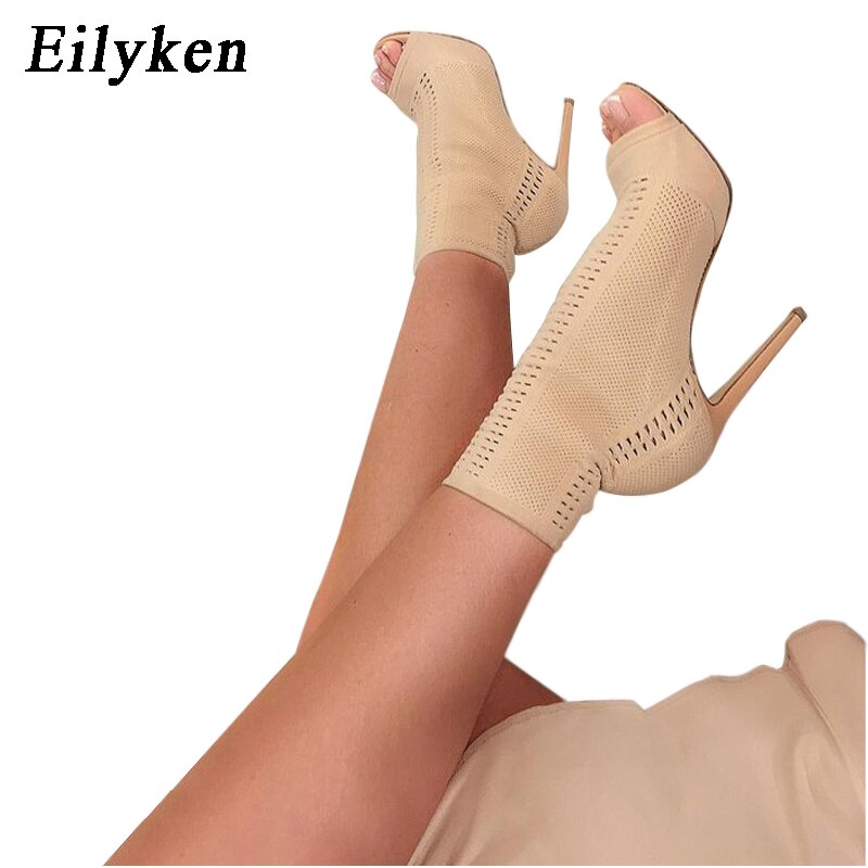 Eilyken Womens Boots Green Elastic Knit Sock Boots Ladies Open Toe High Heels Fashion Ankle Boots Women Pumps Size 35-42