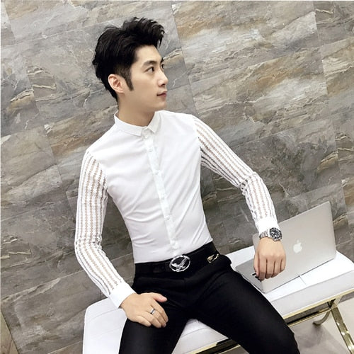 2021 New Mens Black White Lace Hollow Patchwork Shirt Long Sleeve Luxury Party Promshirt Men's Petticoat Nightclub Dress Tuxedo