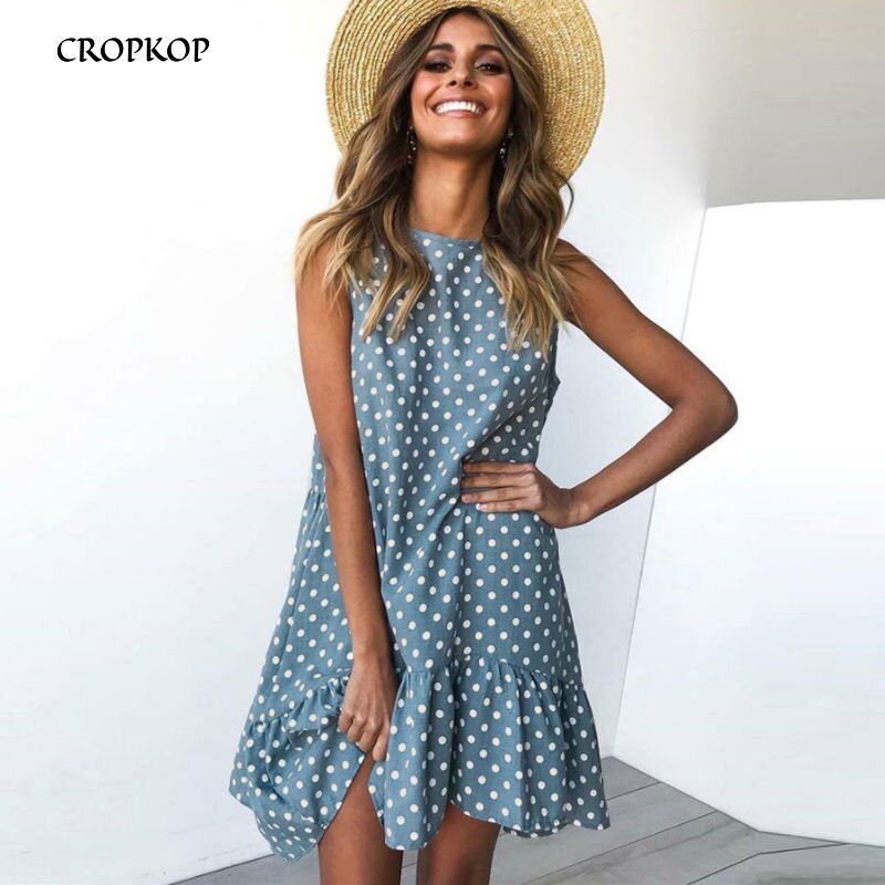 Women Summer Dress Ruffles Polka Dot Sleeveless Mini Dresses Plus Size Casual Loose Black Beach Sundress 2021 Women Clothes