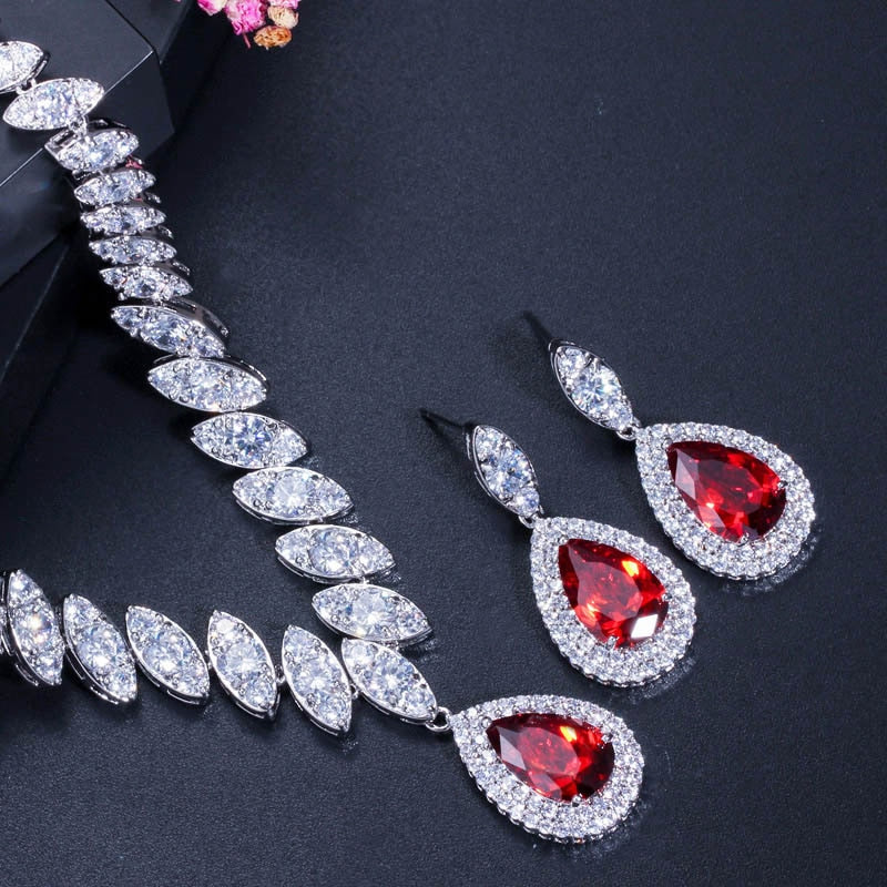 CWWZircons High Quality Cubic Zirconia Wedding Necklace and Earrings Luxury Crystal Bridal Jewelry Sets for Bridesmaids T109