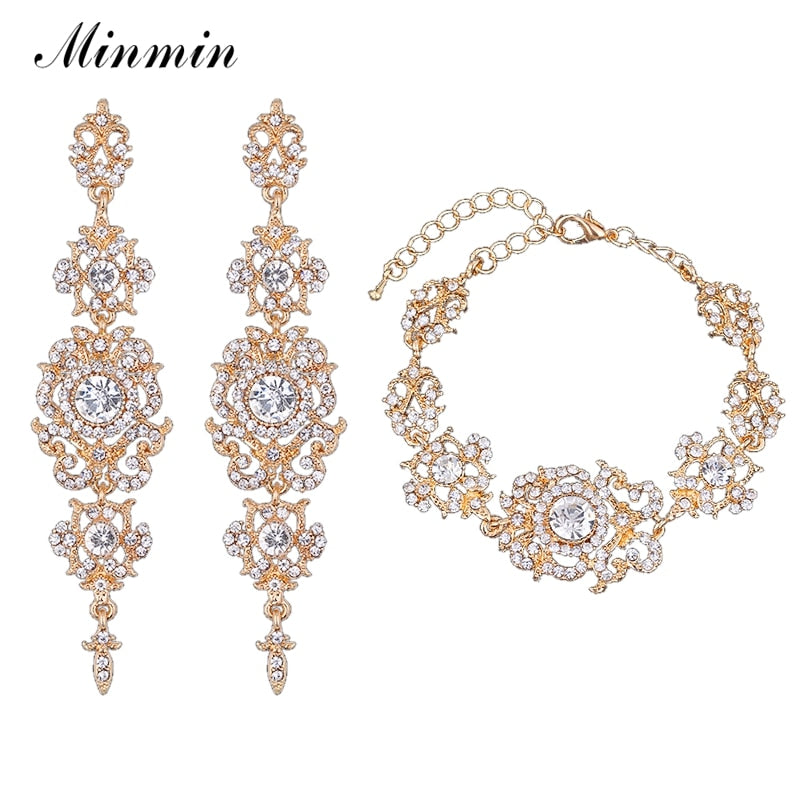 Minmin 2019 New Chandelier Shape Bridal Crystal Jewelry Sets for Women Earrings and Bracelet Sets Wedding Accessory EH162+SL037