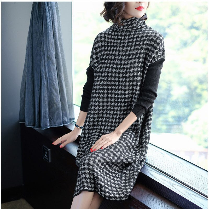 Plus Size Women Black Houndstooth Knitting Stretch Sweater Dress Winter Female Dresses Vestido Clothing Robes