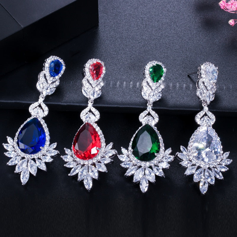 CWWZircons Beautiful Queen Fancy Red Cubic Zirconia Long Bridal Wedding Big Drop Marquise Earrings Brides Jewelry