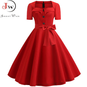 Women Summer Dress Elegant Retro Vintage 50s 60s Robe Rockabilly Swing Pinup Dresses Casual Plus Size Red Party Vestidos