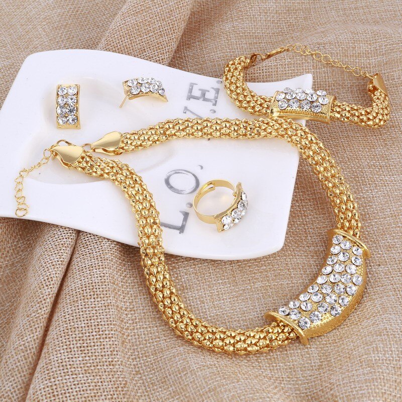 Amazing Price Wedding Gold Plate Jewelry Sets For Women Pendant Statement African Beads Crystal Necklace Earrings Bracelet Rings