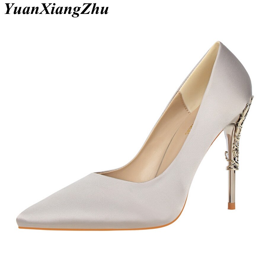 Elegant Metal Carved Heels Women Pumps 2019 High Quality Fashion Sexy Silk High Heels 13 Color /10cm Shoes Woman Wedding Shoes