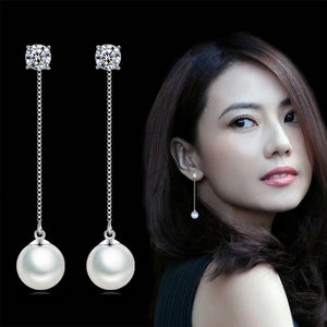 Fashion Silver-color Simulated Pearl Pendant Long Chain Cubic Zirconia Long Earrings Bridal Wedding Pearl Jewelry Drop Earrings