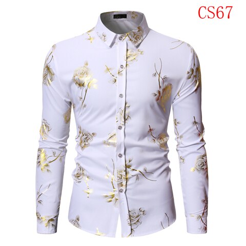 Mens Gold Rose Floral Print Shirts 2019 Brand Floral Steampunk Chemise White Long Sleeve Wedding Party Bronzing Camisa Masculina