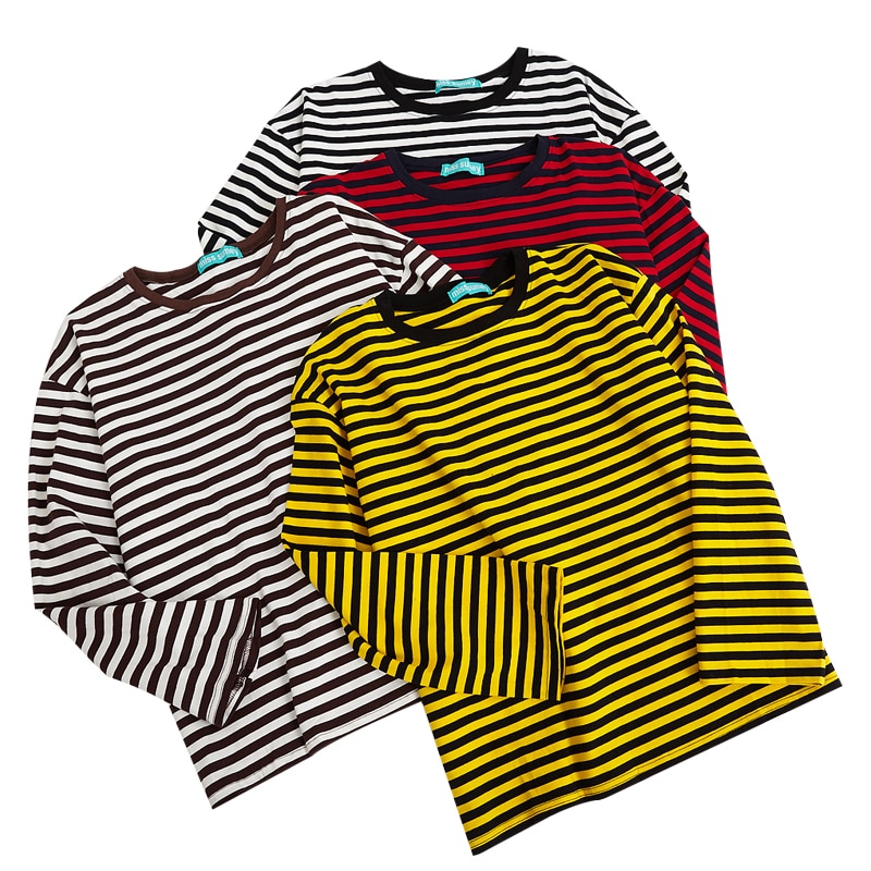 2021 New Vintage Fashion Basic Loose Casual Striped All Match Simple Long Sleeve Female T-shirts