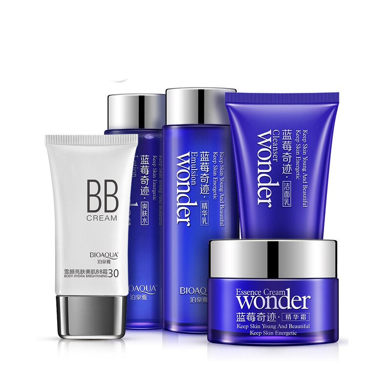 BIOAQUA Miracle Blueberry Beauty Set Hydrating Essence Face Cream Facial Cleanser Brightening BB Cream Essence Emulsion Toner