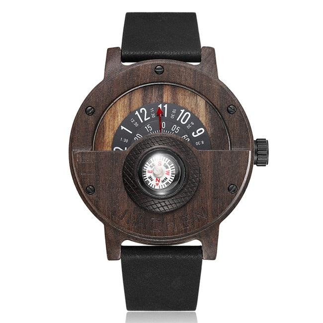 Unique Compass Turntable Number Design Mens Wooden Watch Men Brown Wood Leather Band Creative Natural Wood Wrist Watches Relogio