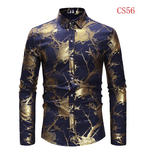 Mens Gold Rose Floral Print Shirts 2019 Brand Floral Steampunk Chemise White Long Sleeve Wedding Party Bronzing Camisa Masculina