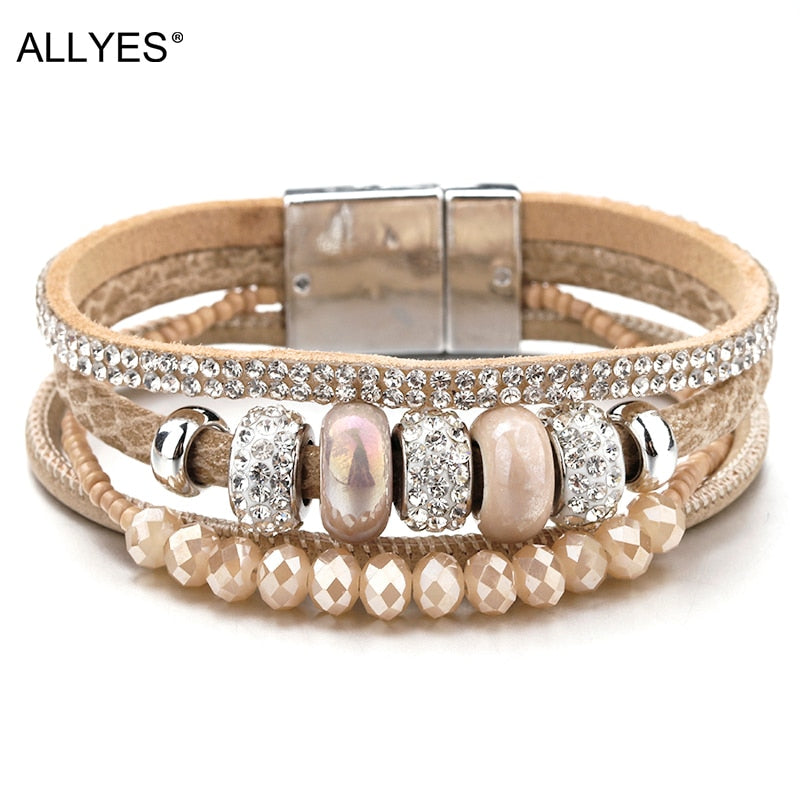 ALLYES Ceramic Beads Charm Leather Bracelets For Women Retro Boho Style Crystal Wide Multilayer Bracelet Female Jewelry