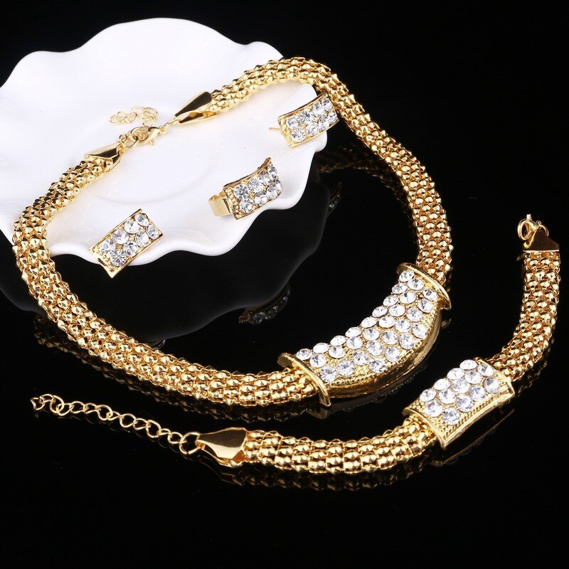 Amazing Price Wedding Gold Plate Jewelry Sets For Women Pendant Statement African Beads Crystal Necklace Earrings Bracelet Rings