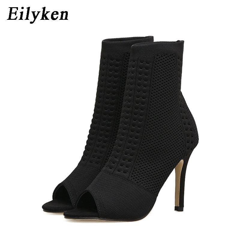 Eilyken Womens Boots Green Elastic Knit Sock Boots Ladies Open Toe High Heels Fashion Ankle Boots Women Pumps Size 35-42