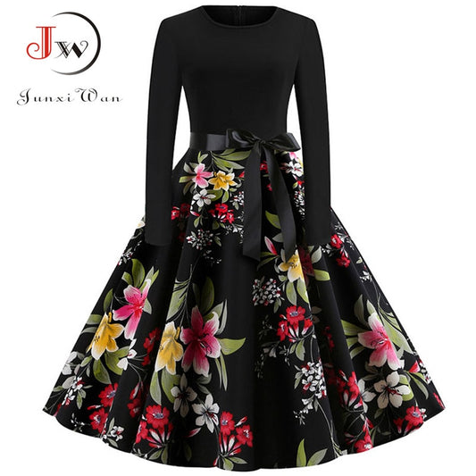 Women Dress Winter Casual Vintage Elegant Christmas Dress Floral Print Office Lady Retro Robe Female Black Party Dress Plus Size