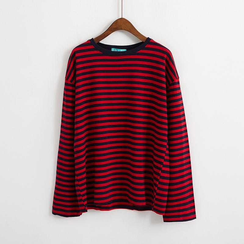 2021 New Vintage Fashion Basic Loose Casual Striped All Match Simple Long Sleeve Female T-shirts