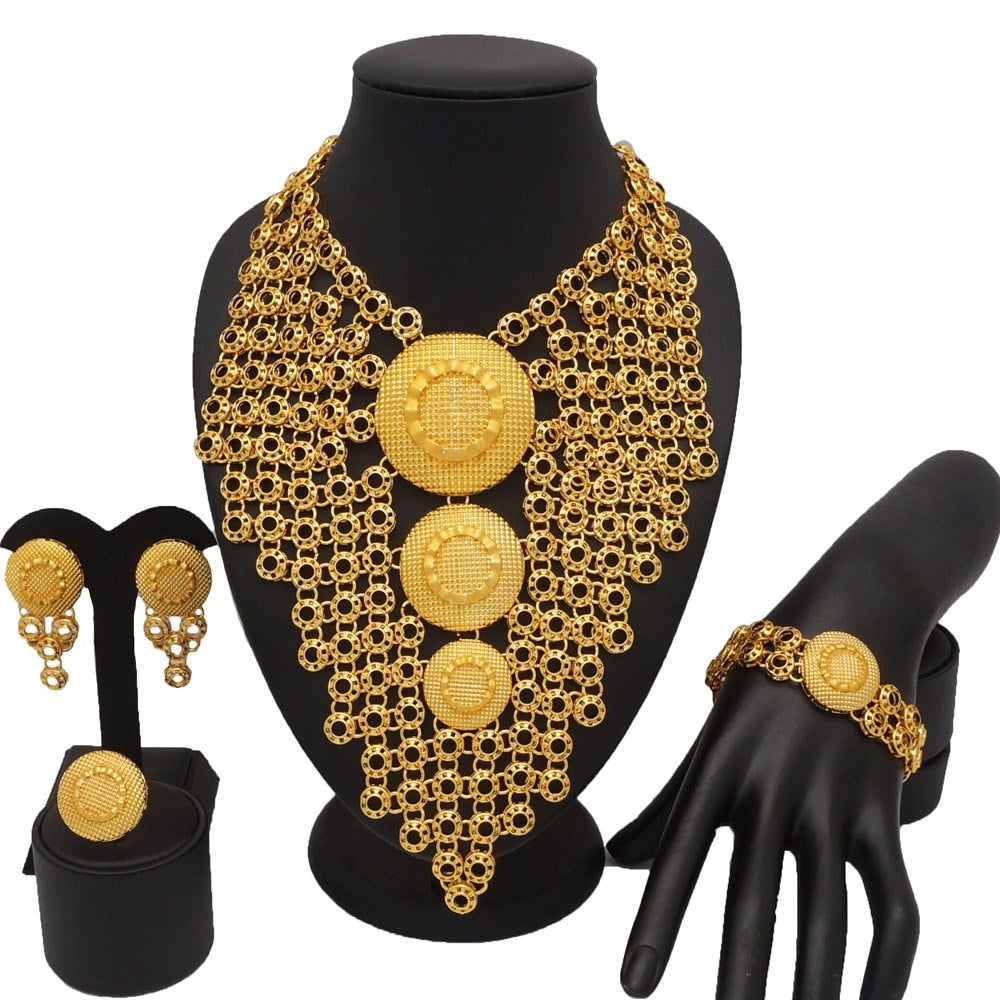 Fashion Gold Color Jewelry Sets African Bridal Big Jewelry sets Women Necklace Bracelet Earings Ring Wedding Gifts