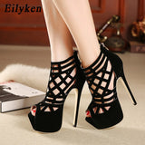Eilyken Summer Women Sandals Pumps Party shoes Platform Pumps Wedding shoes Stiletto heels Open toe High Heels Dress shoes Black