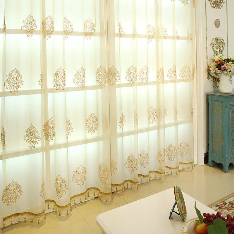 European Luxury Blackout Gold windows treatment curtains for living room bedroom flower tulle valance